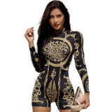 Women's Fashion Autumn Print Sexy Round Neck Long Sleeve Tight Fitting Jumpsuit