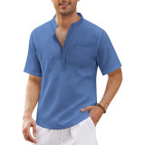 T-shirt da spiaggia da uomo a maniche corte con tasca casual in lino