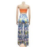 Fashion Strapless Low Back Printed Slit Trousers Two Piece Pants Set