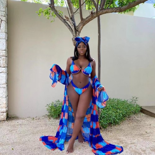 Sexy Spring/Summer Digital Print Two Pieces Swimsuit Cover Up Three Piece Set
