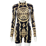 Women's Fashion Autumn Print Sexy Round Neck Long Sleeve Tight Fitting Jumpsuit