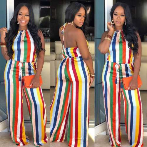 Sexy Colorful Stripes Sleeveless Jumpsuit