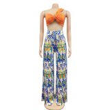 Fashion Strapless Low Back Printed Slit Trousers Two Piece Pants Set