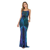 Sexy Low Back Sequin Long Dress Strap Stretch Dress