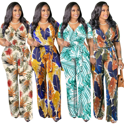 Plus Size Women's Printed V-Neck Lace-Up Sexy Jumpsuit