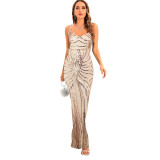 Sexy Low Back Sequin Long Dress Strap Stretch Dress