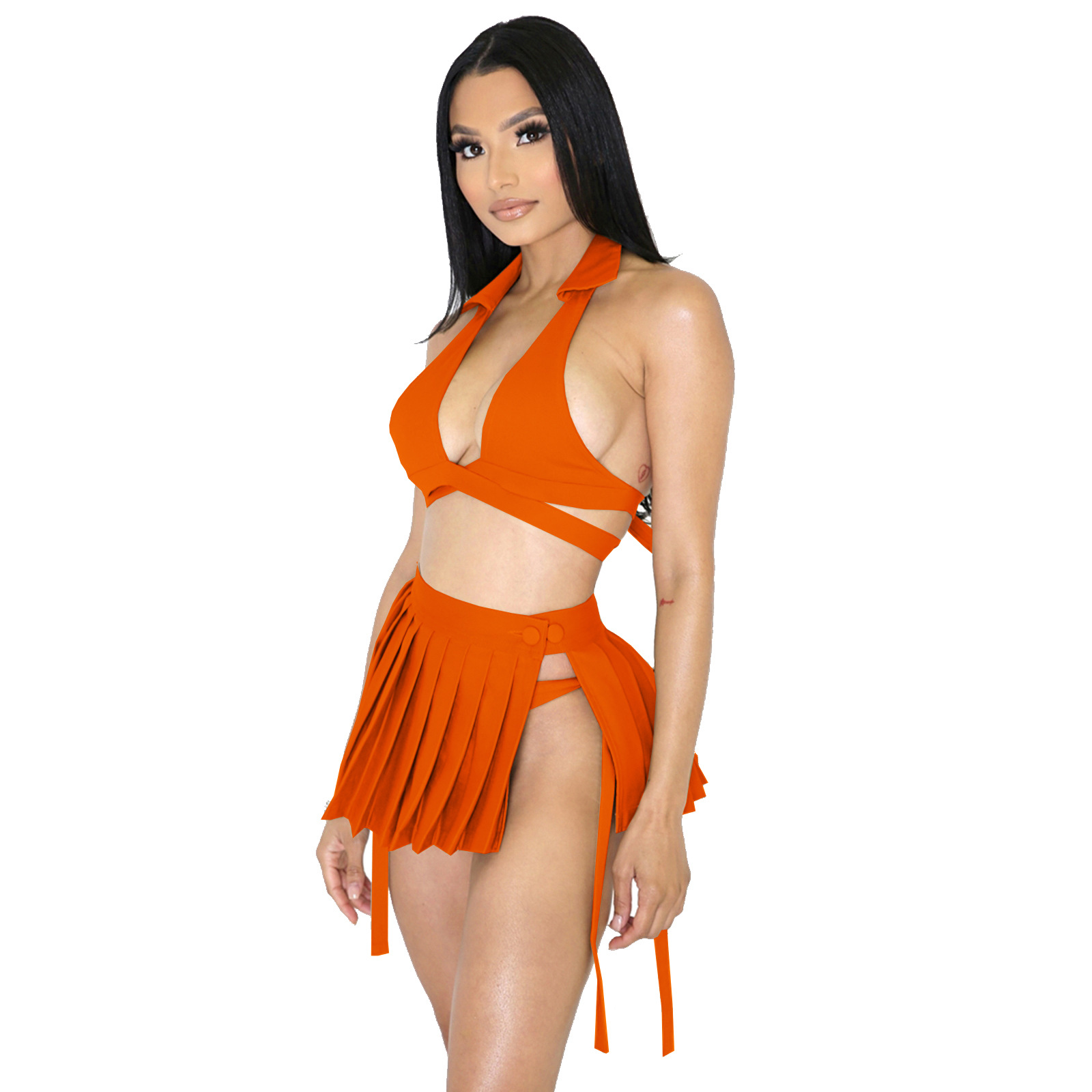 Alician 2 Pcs/set Women Swimming Suit Sunscreen Swimsuit Short-sleeve Top+  Flat-angle Skirt