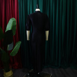Summer high neck solid color pleated high waist temperament office dress long skirt dress