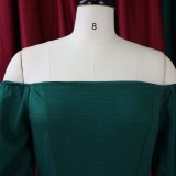 Spring Plus Size Sexy Green Off Shoulder Ruffles Long Sleeve Midi Dress
