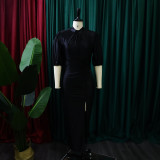 Summer high neck solid color pleated high waist temperament office dress long skirt dress
