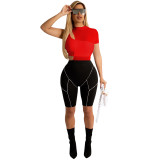 Women Sexy Solid  Mesh See-Through Hollow Out Short Sleeve Top + Shorts Two-Piece Set