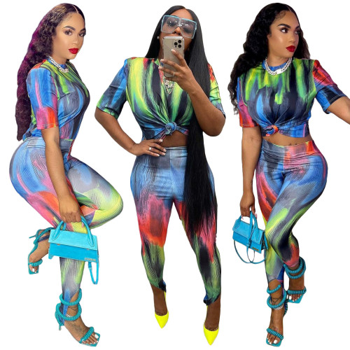 Women Gradient Abstract Print Slim Fit T-Shirt And Foot Pants Two-Piece Set