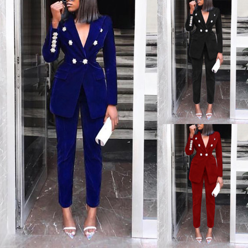 Spring Women Solid  Long Sleeve Blazer + Pant Two-Piece Set