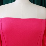 Spring Plus Size Sexy Rose Off Shoulder Ruffles Long Sleeve Midi Dress