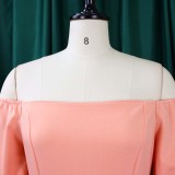 Spring Plus Size Sexy Peach Off Shoulder Ruffles Long Sleeve Midi Dress
