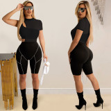 Women Sexy Solid  Mesh See-Through Hollow Out Short Sleeve Top + Shorts Two-Piece Set