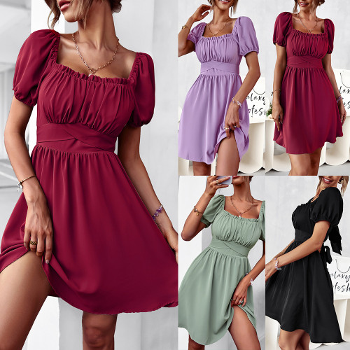 Franse chique sexy jurk zomer romantische effen bladerdeeg korte mouw casual jurk dameskleding