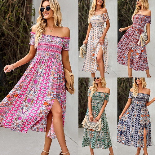 Vestido de mujer Verano fuera del hombro Bohemio Floral Dividido Casual Vestido suelto