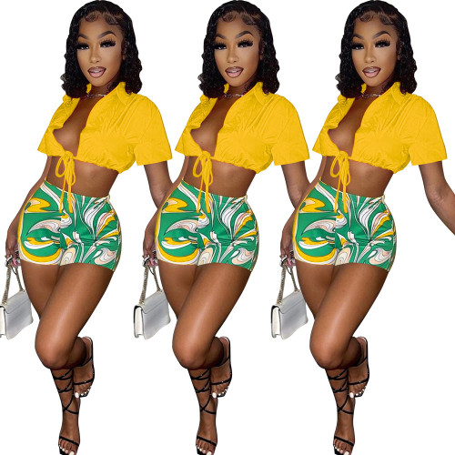 Casual Women's Solid Color Shirt Printed Shorts Two Piece Set