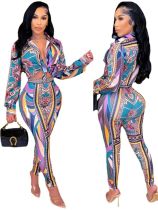 Kadın Seksi Baskı Uzun Kollu Gömlek Dar Rahat İki Parçalı Pantolon Seti