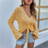 Summer knitting shirt v-neck hollow drawstring Flare sleeve women sweater