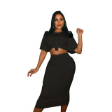 Sexy women's clothing, short-sleeved top + pleated bottom skirt solid color suit