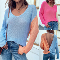 Chemise à tricoter pour femmes d'été col en v couleur contrastée pull femme sexy dos bas