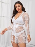Plus Size Sexy Erotic Temptation  Bra and Panty Lace Robe Three Lingerie Set