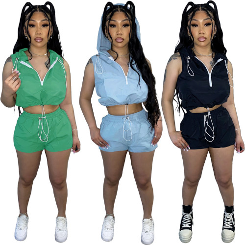 Women's Fashion Casual Solid Sleeveless Hoodie Shorts Two Piece Set