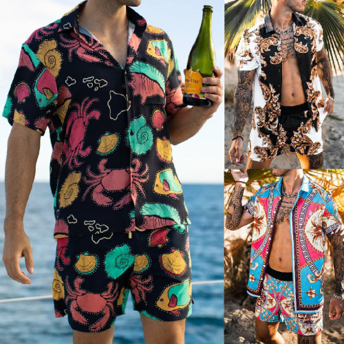 Летний пляжный стиль, свободная рубашка, праздничный повседневный костюм, мужской короткий комплект из двух предметов с принтом