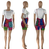 Women's Positioning Print Sling Colorblock Plaid Shorts Short Sleeve T-Shirt Two Piece Set