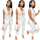 Women's Casual Solid Color Slit Suit Sleeveless Two Piece Pants Set (with Belt)
