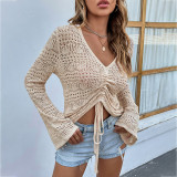 Summer knitting shirt v-neck hollow drawstring Flare sleeve women sweater
