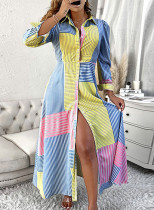 Vestido camisero largo de manga farol a rayas con bloque de color elegante