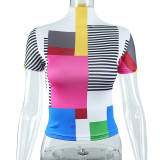 T-shirt slim da donna a maniche corte con stampa geometrica street hipster a collo alto