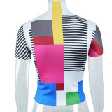 T-shirt slim da donna a maniche corte con stampa geometrica street hipster a collo alto