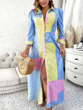 Chic  Color block Striped Puff Sleeve Long Shirt Dress