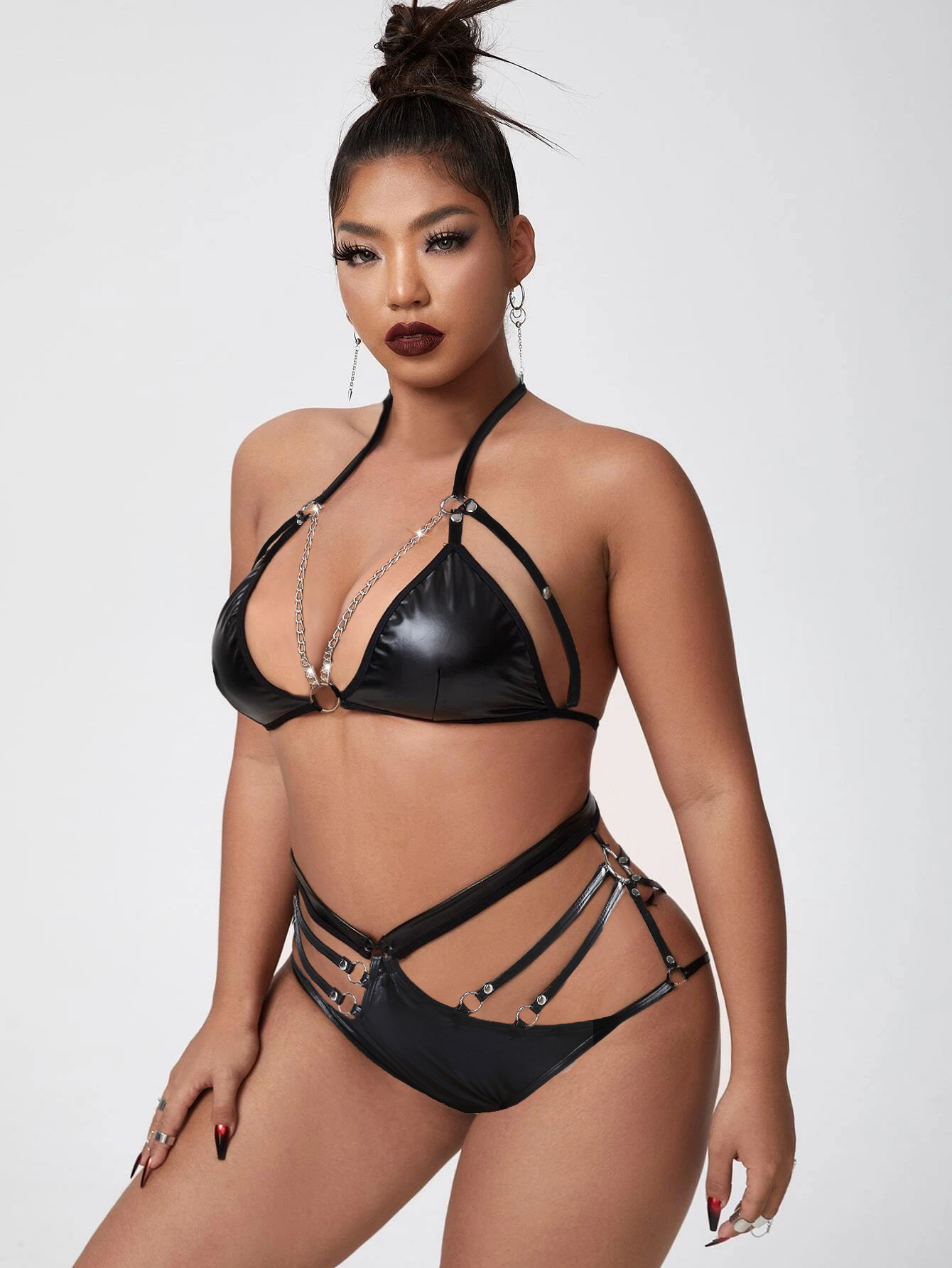 Plus Size Sexy Erotic Leather Chain Bra and Panty Bikini Lingerie