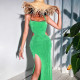 One Shoulder Chain Cutout Lace-Up Dress Summer Sexy Slit Long Skirt