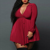 Plus Size Women long sleeve high waist Solid v neck Lace-Up dress