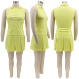 Women sexy Solid vest pleated dress two-piece set