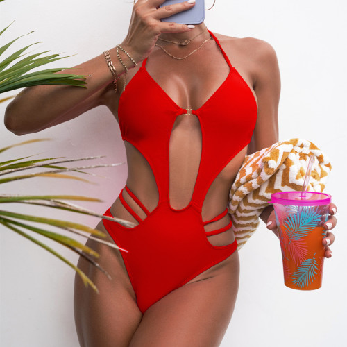 Women Lace-Up Backless Solid One-Piece Swimwear