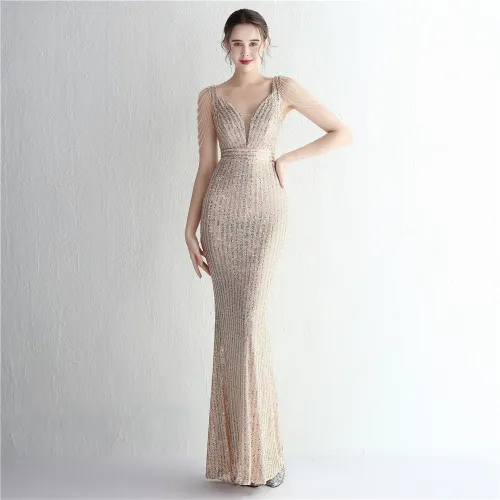 Women Sequined V-Neck Long Evening Dress