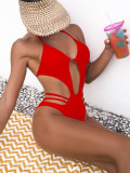 Women Lace-Up Backless Solid One-Piece Swimwear