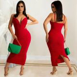 Women Fashion Sexy straps V-Neck Solid Slit Dress