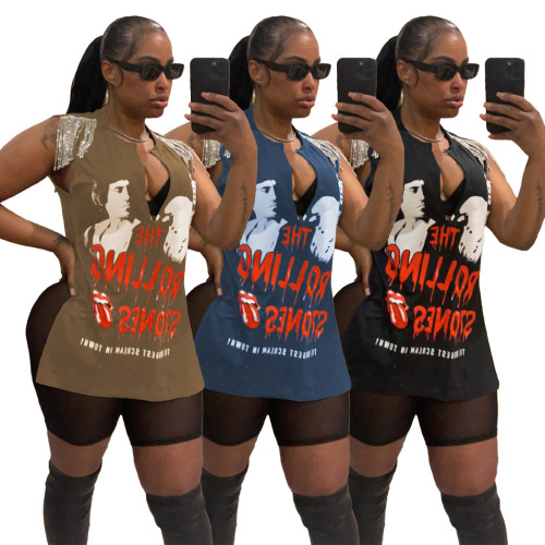 Women Summer Fashion Street Hip Hop Print Rhinestone Sleeveless T-shirt