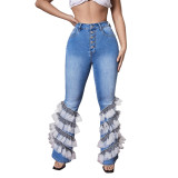 Women Denim Fashion Layerd Flared Jeans