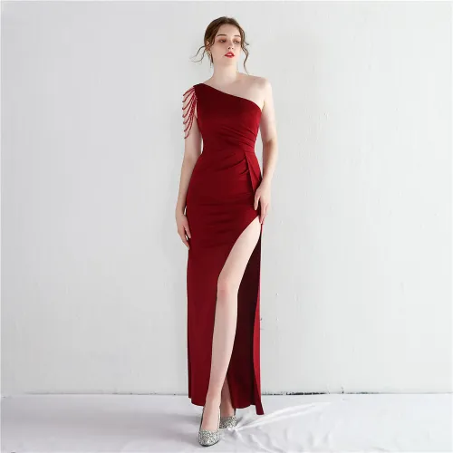 Women Beaded One Shoulder Dinner Slim Long Mermaid Dress Exhibition Evening Dress