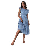 Women Summer Sleeveless Blue Floral Dress Midi Dress