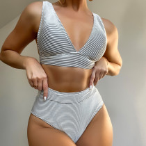 Traje de baño de bikini de cintura alta sexy sin espalda con estampado de rayas para mujer